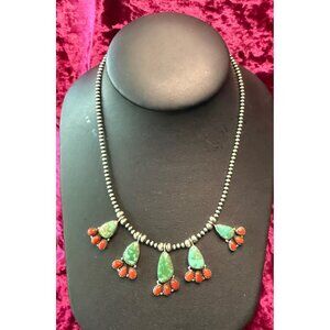 Sterling Silver Desert Pearl Necklace Italian Coral & Emerald Valley Turquoise